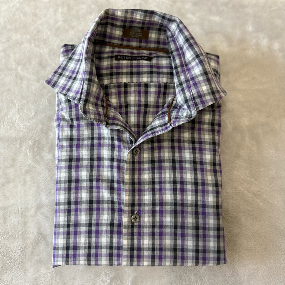 Peter Millar Men's Medium Purple Plaid Long‎ Sleeve Button Down Shirt Cotton